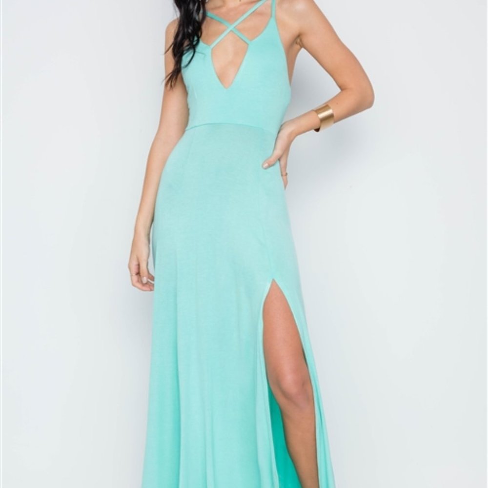 LuLus brand Sea Foam Cami Strap Side Slit Maxi Dress